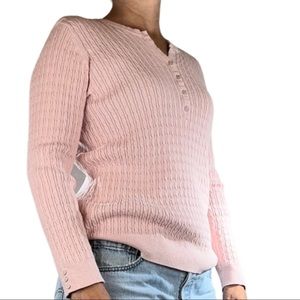 Karen Scott Marled Rose Cable Knit Henley Sweater, pink sweater, Medium
